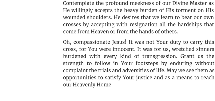 Contemplate the profound meekness of our Divine Master as He willingly accepts the heavy burden of His torment on His wounded shoulders. He desires that we learn to bear our own crosses by accepting with resignation all the hardships that come from Heaven or from the hands of others. Oh, compassionate Jesus! It was not Your duty to carry this cross, for You were innocent. It was for us, wretched sinners burdened with every kind of transgression. Grant us the strength to follow in Your footsteps by enduring without complaint the trials and adversities of life. May we see them as opportunities to satisfy Your justice and as a means to reach our Heavenly Home.